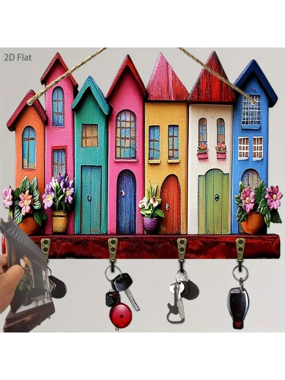 NWT Bohemian Key Rack Colorful Row Houses Wall-Mounted Wooden Key Holder 4 Hooks